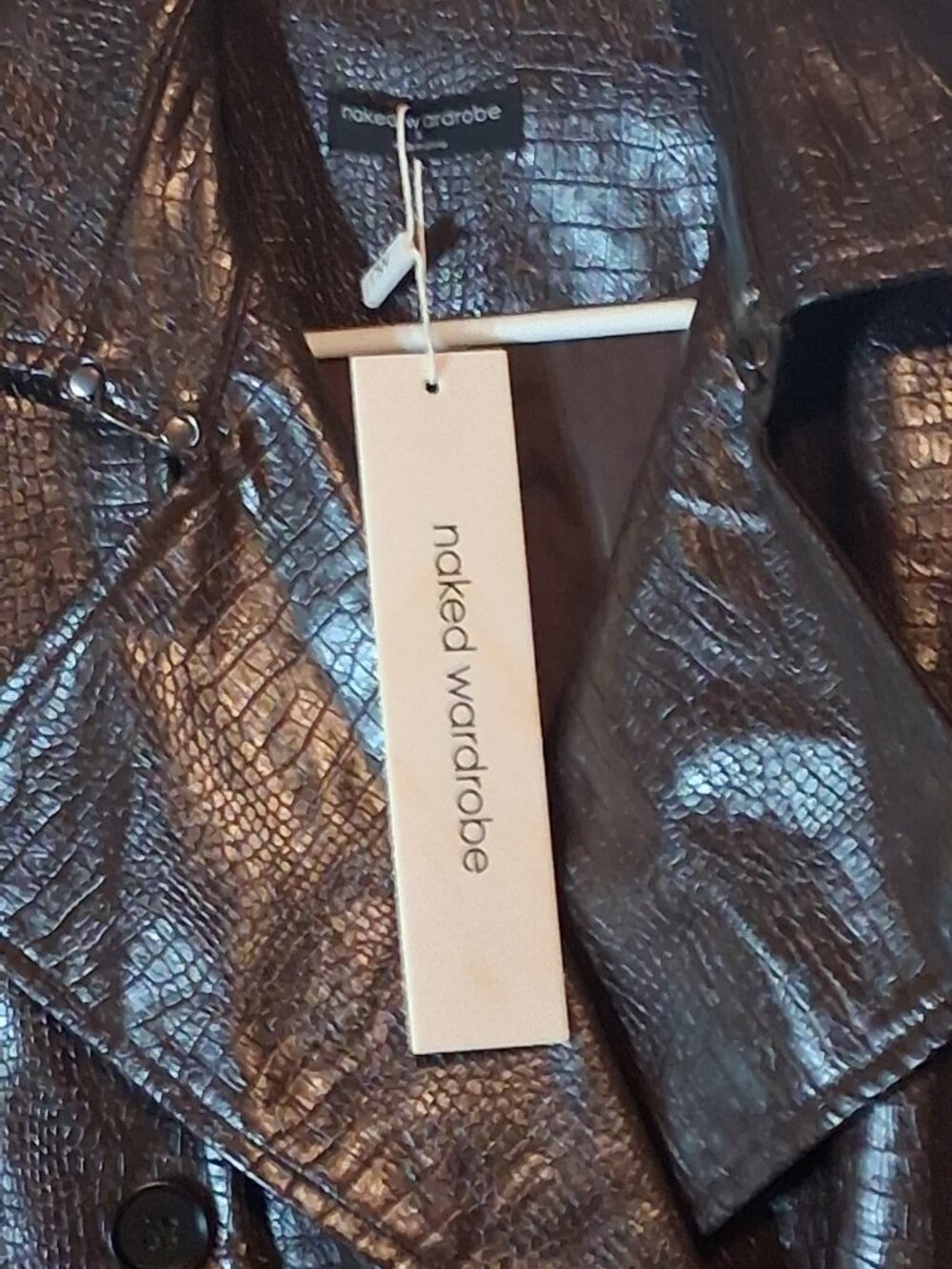 NWT naked wardrobe Chocolate Crocodile Vegan Leather Trench Coat with Tag Size S - Picture 6 of 9